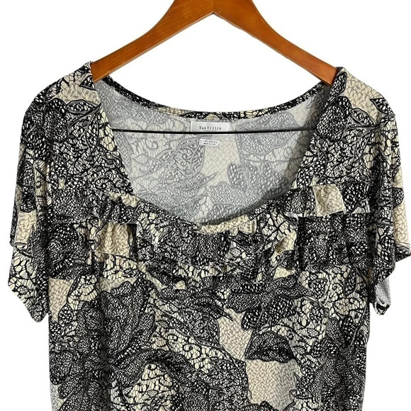 Van Heusen Blouse XXL Rose Floral Ruffled Square Neck Cream Black Gray Dressy - Picture 3 of 6